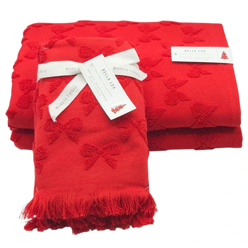 Bella Lux Christmas Collection Red Bows Embossed Turkish Cotton Towel Set Of 4pc